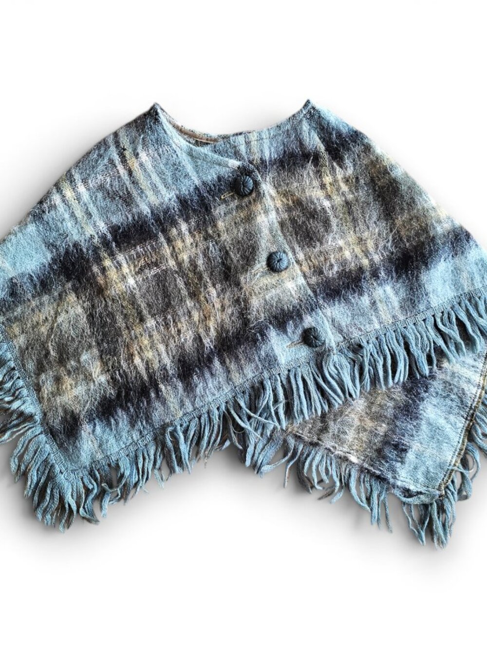 Andrew Stewart Womens Poncho Wrap Mohair Wool Plaid Fringe Lined Vintage *FLAWS